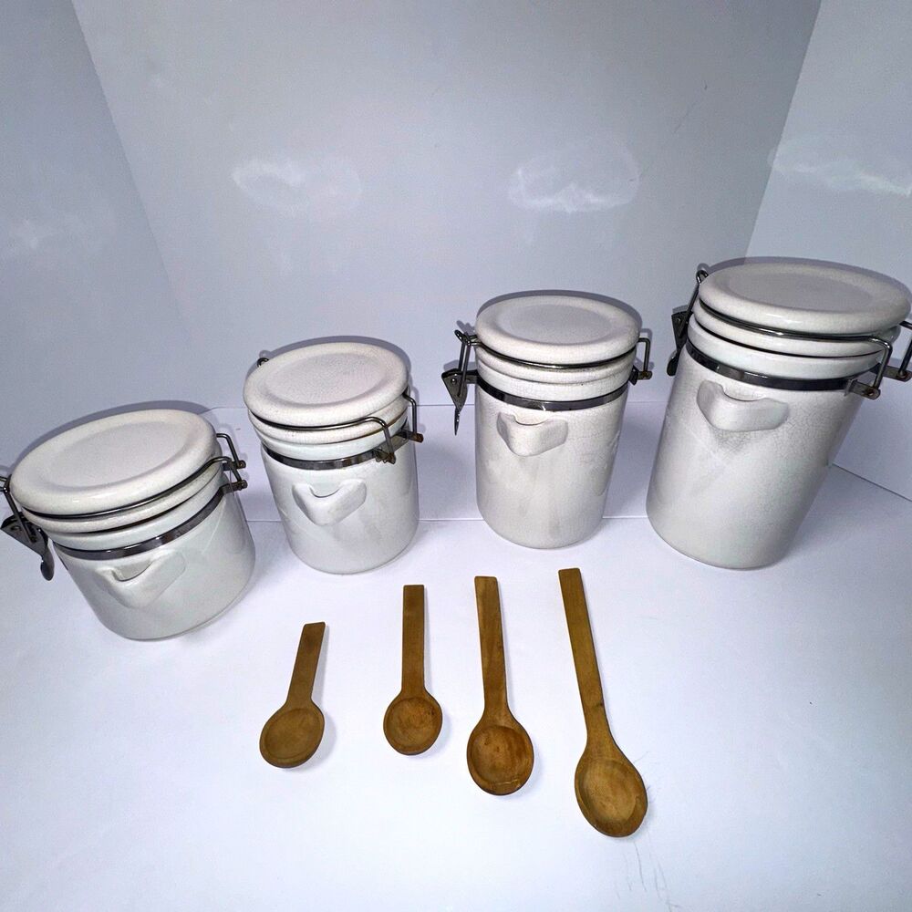 Vintage White Ceramic Canister Set 8pc Clamp Lids, Handles & Wooden Spoons